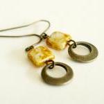 Boho Yellow Earrings-brass Hoops And Beige Marble..