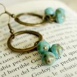 Brass And Turquoise Hoop Earrings-cluster Boho..