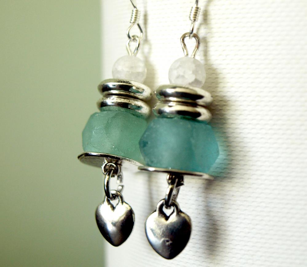 Blue Recycled Glass & White Glass Earrings With Heart Charm