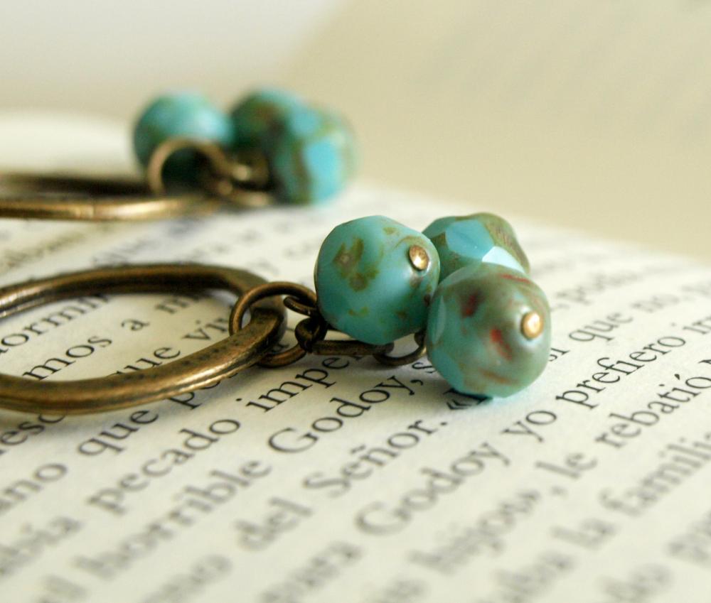 Brass And Turquoise Hoop Earrings-cluster Boho Earrings