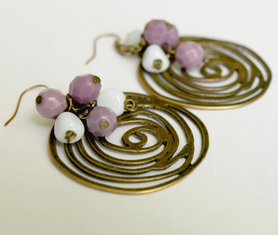 Brass Filigree Spiral With Cluster Glass Boho Chic Dangle Earrings