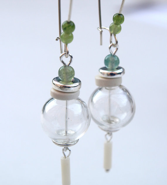 Hand Blown Glass Earrings-green & White Dangle Earrings