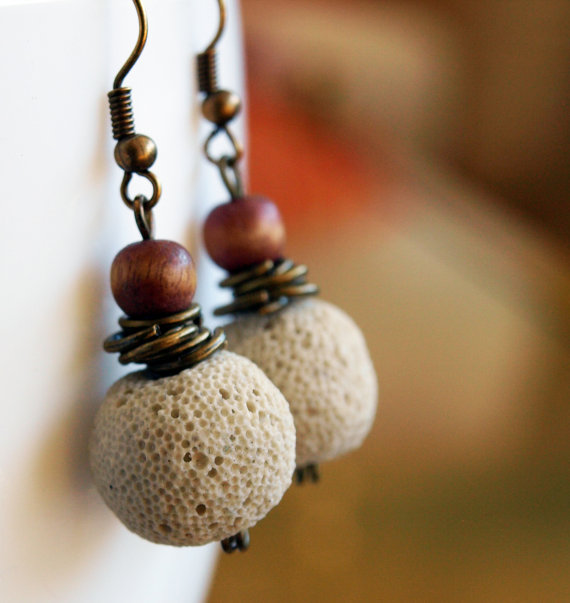 Ivory Lava Stone Earrings With Wood And Brass Washers- Rustic Earrings