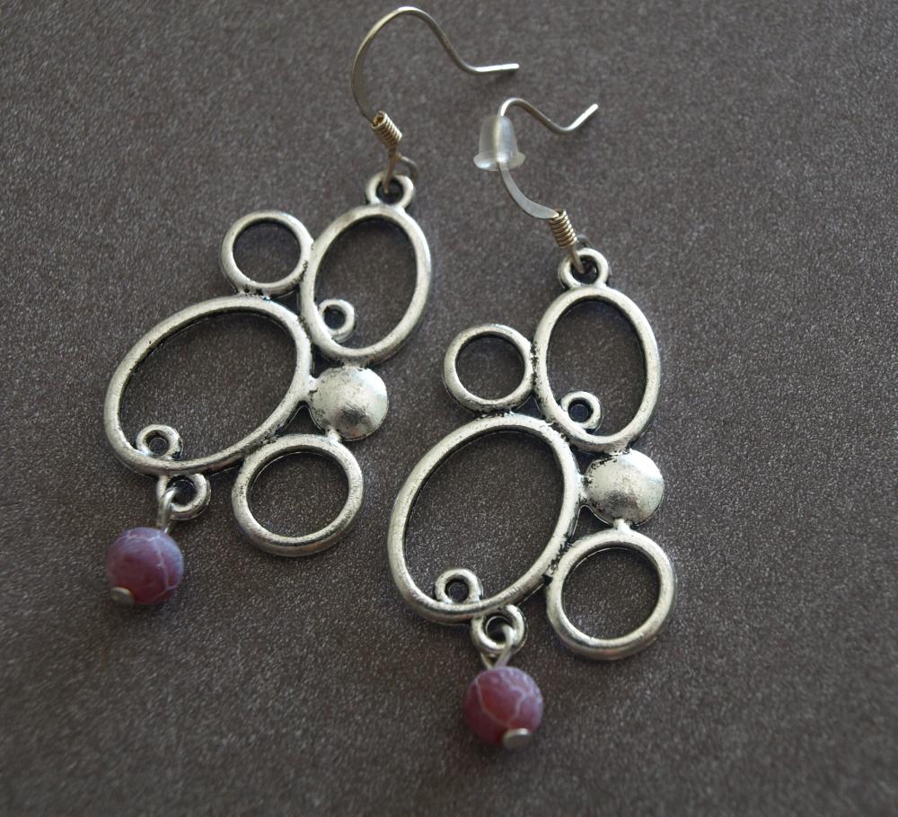 Dangle Earrings-abstract Metal & Fuchsia Agate Earrings